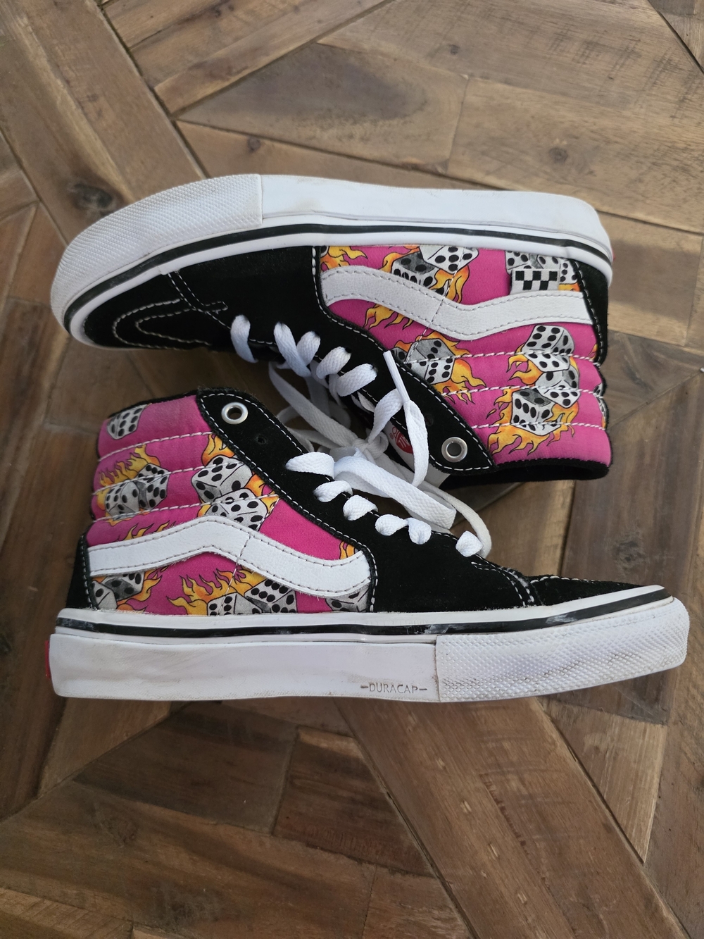 Vans High Tops, Pink Flaming Dice Sneakers, Kids 3.5, Women's 5
